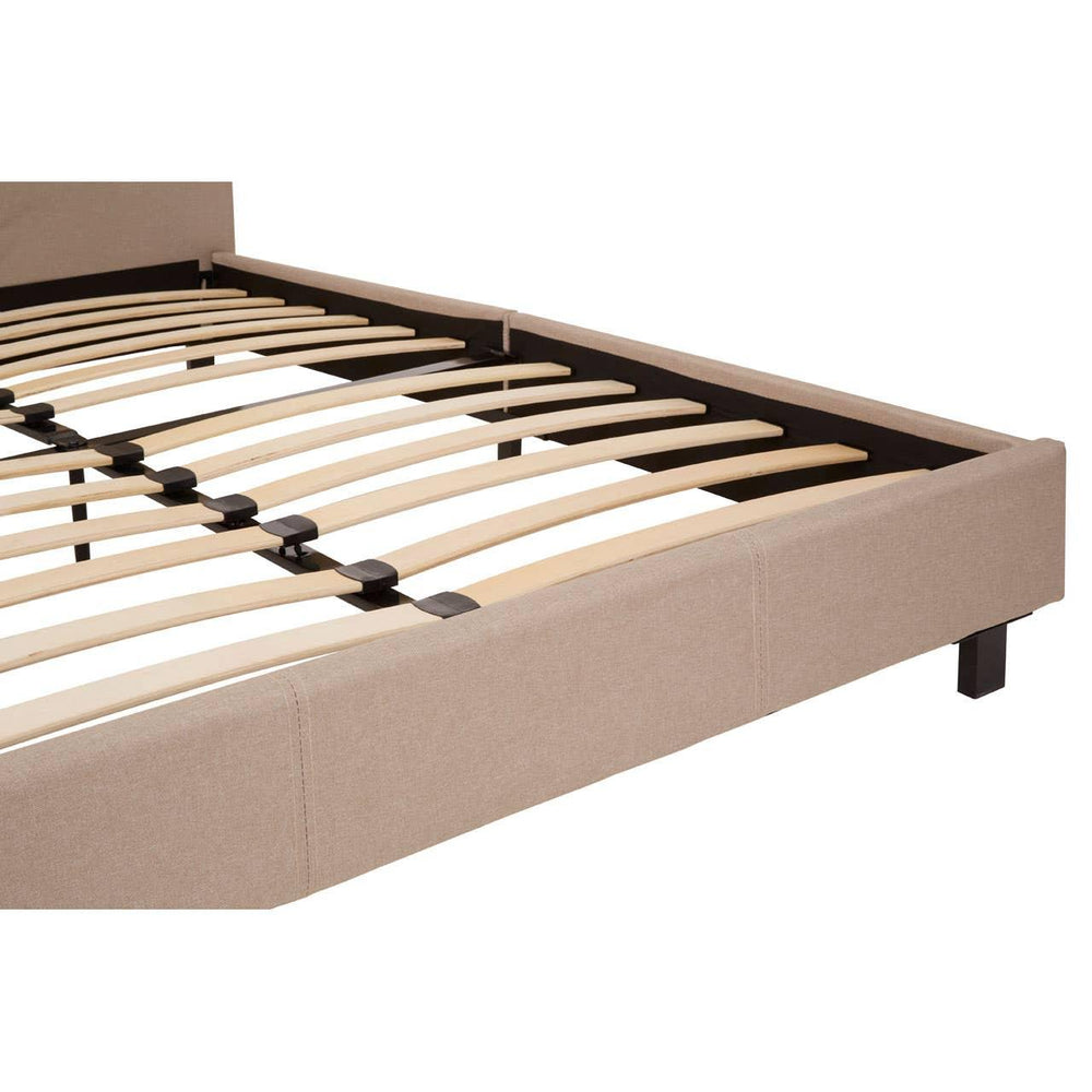 Beige fabric bed frame with wooden slats and black legs, corner angle view