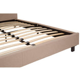 Beige fabric bed frame with wooden slats and black legs, corner angle view