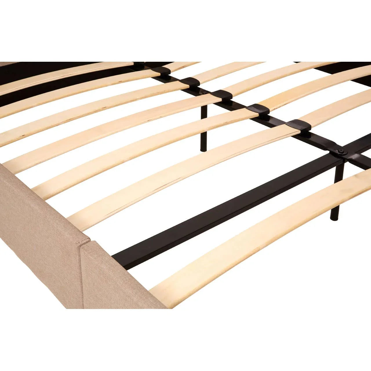 Bed frame close-up with light wood slats and black metal support structure