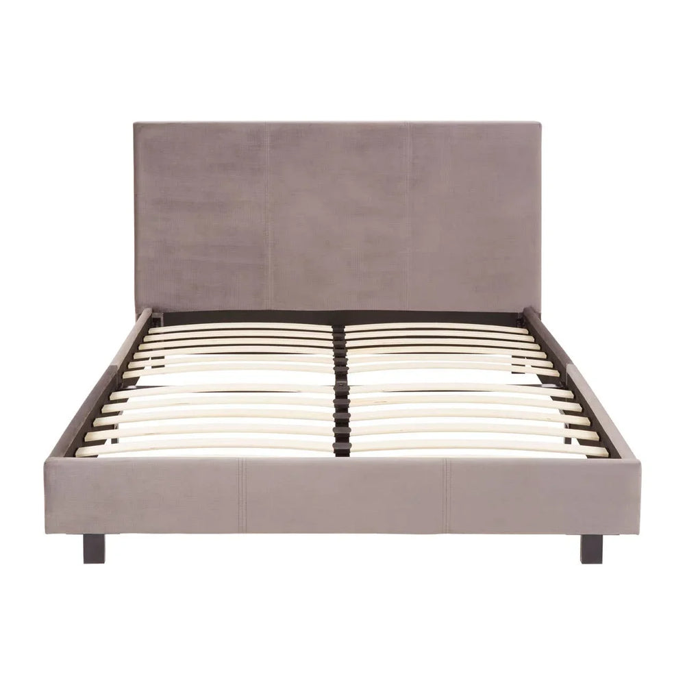 Grey upholstered bed frame with slatted wooden base and tall rectangular headboard front view