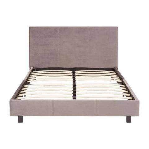 Grey upholstered bed frame with slatted wooden base and tall rectangular headboard front view