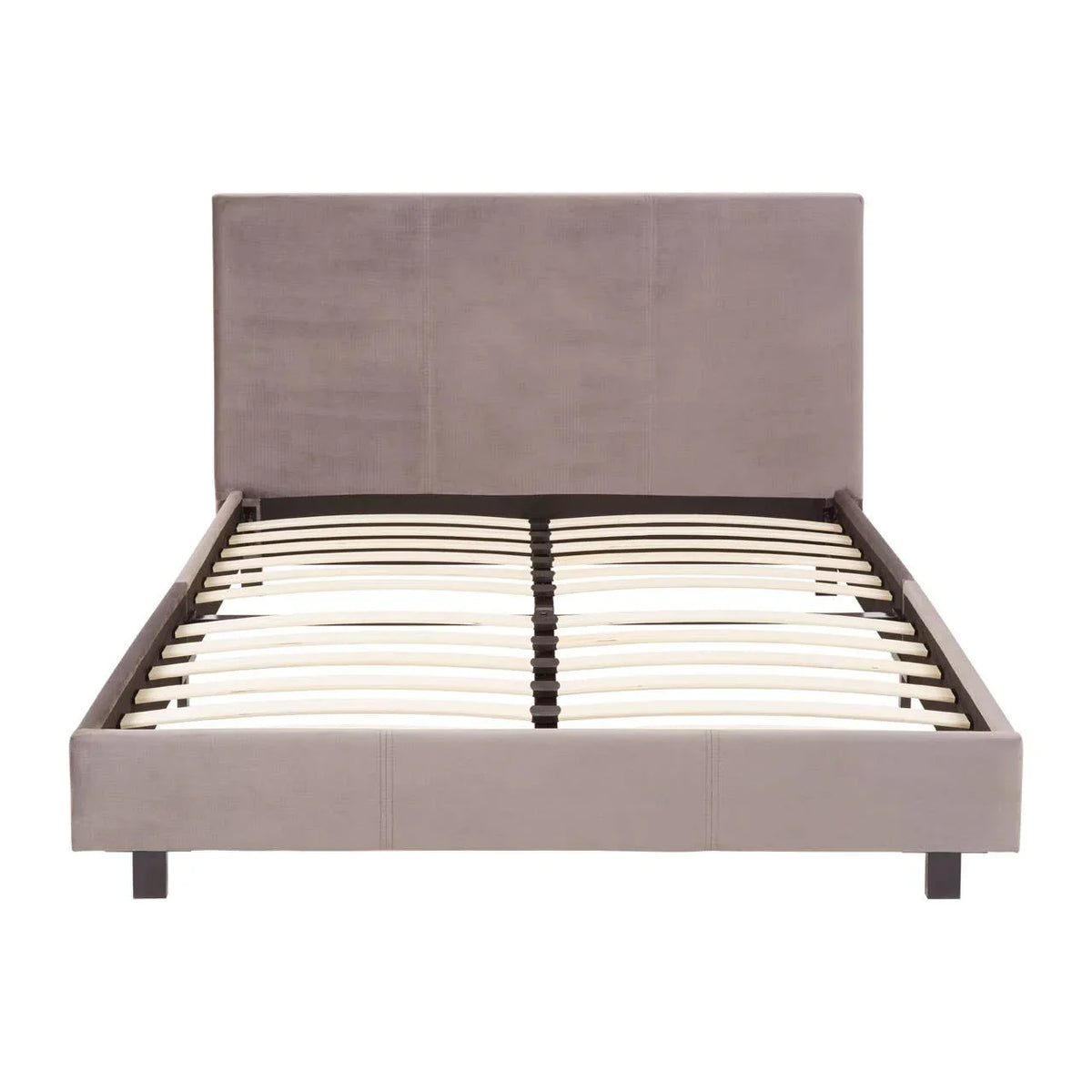Grey upholstered bed frame with slatted wooden base and tall rectangular headboard front view