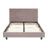 Grey upholstered bed frame with slatted wooden base and tall rectangular headboard front view