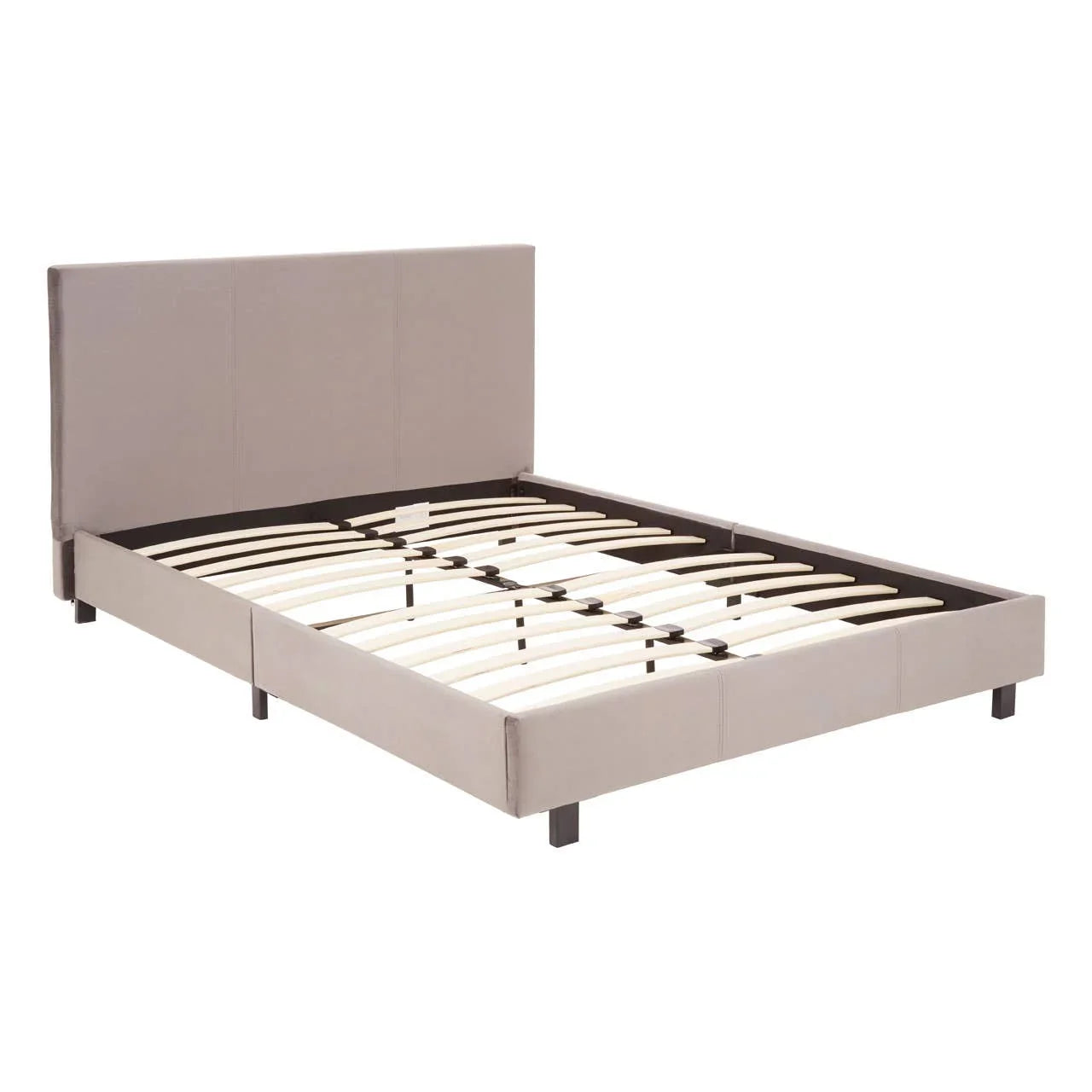 Grey upholstered bed frame with wooden slats and tall headboard on black legs