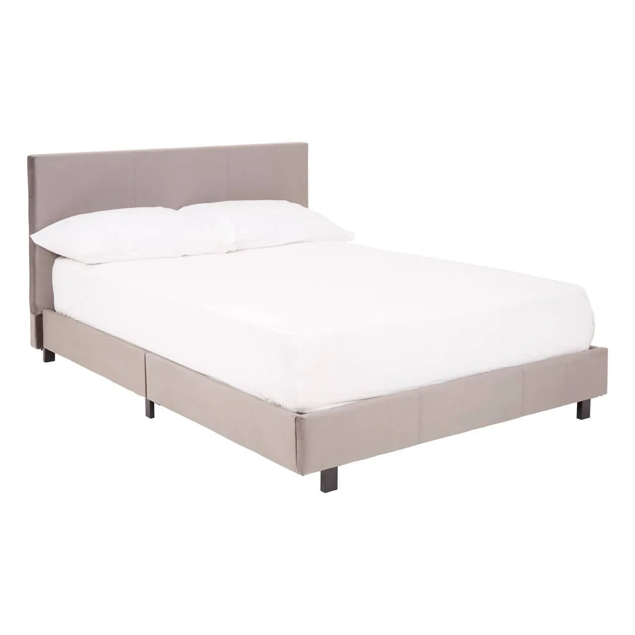 Modern grey upholstered bed frame with tall headboard and white bedding