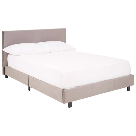 Grey upholstered bed frame with headboard and white bedding, side angle view