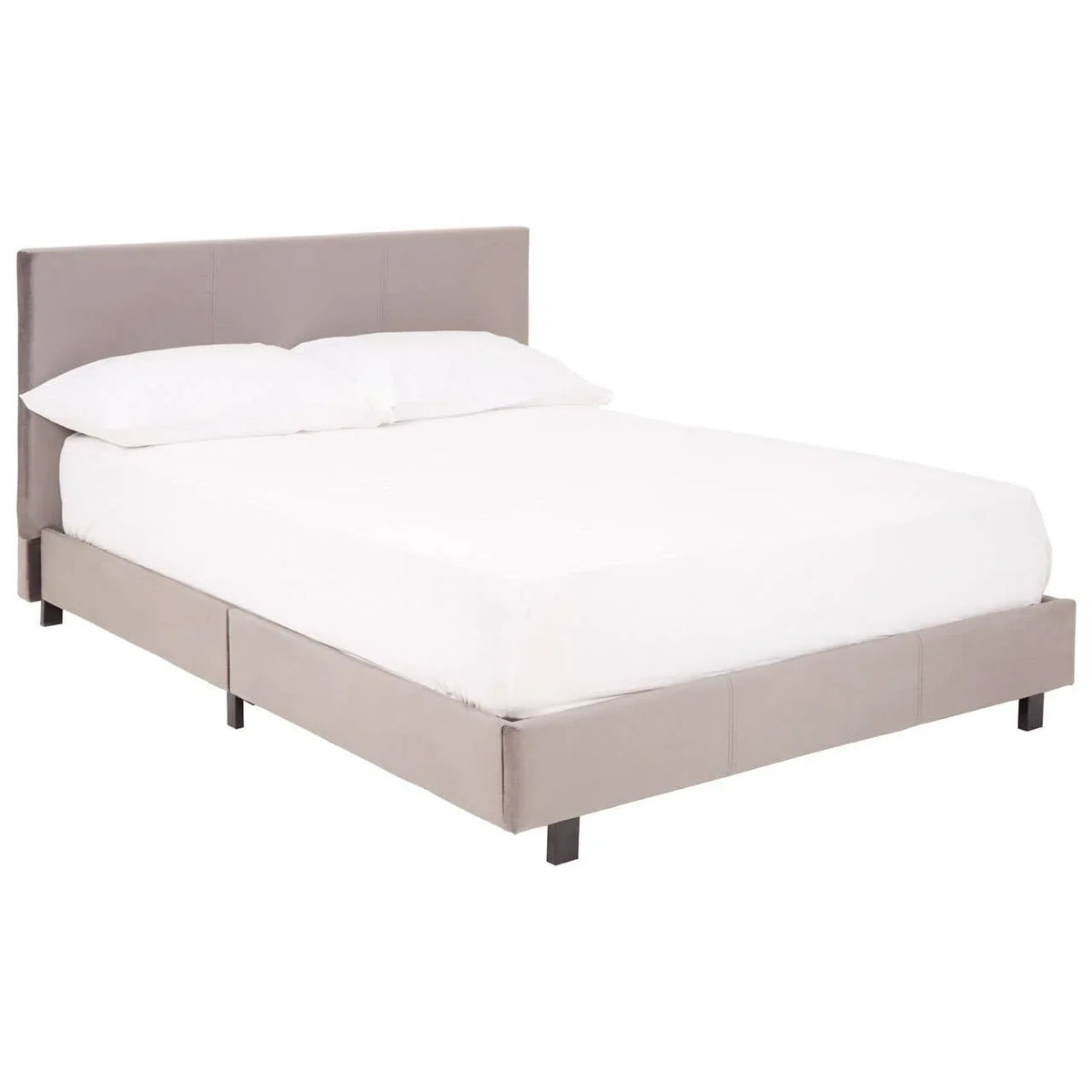 Grey upholstered bed frame with headboard and white bedding, side angle view