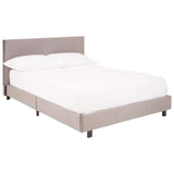 Grey upholstered bed frame with headboard and white bedding, side angle view