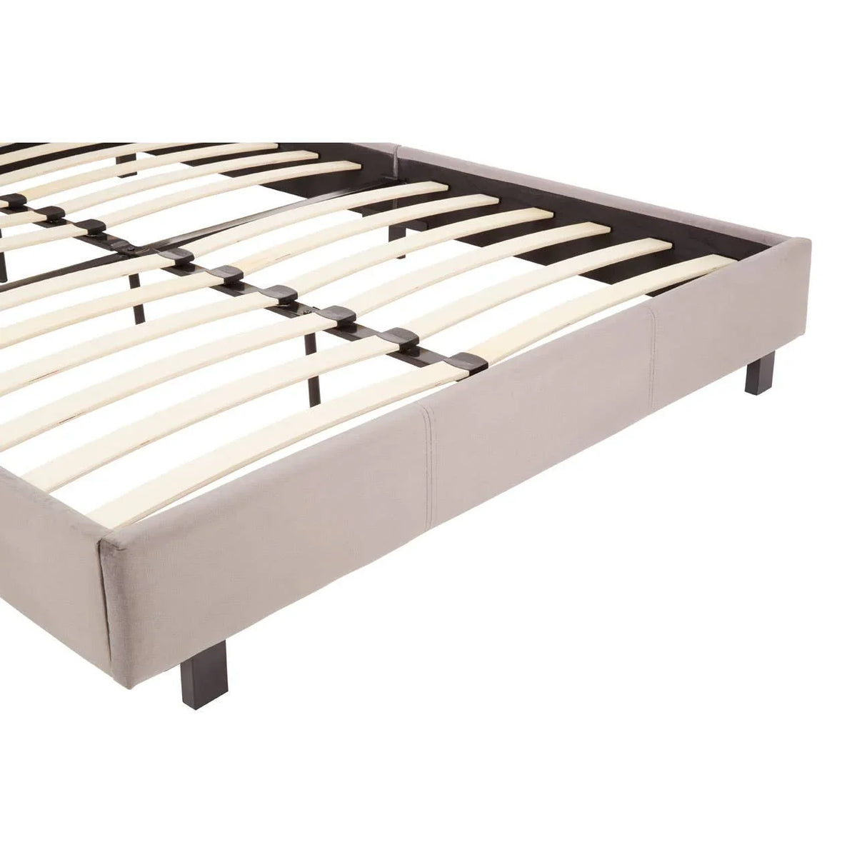 Grey upholstered bed frame with wooden slats and black legs, side angle view