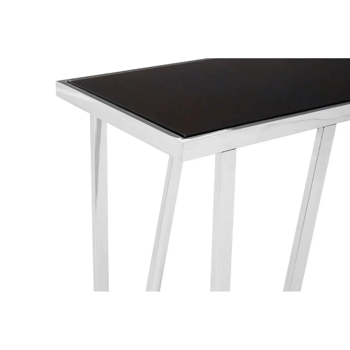 Black glass console table with chrome legs, angled view highlighting tabletop and frame