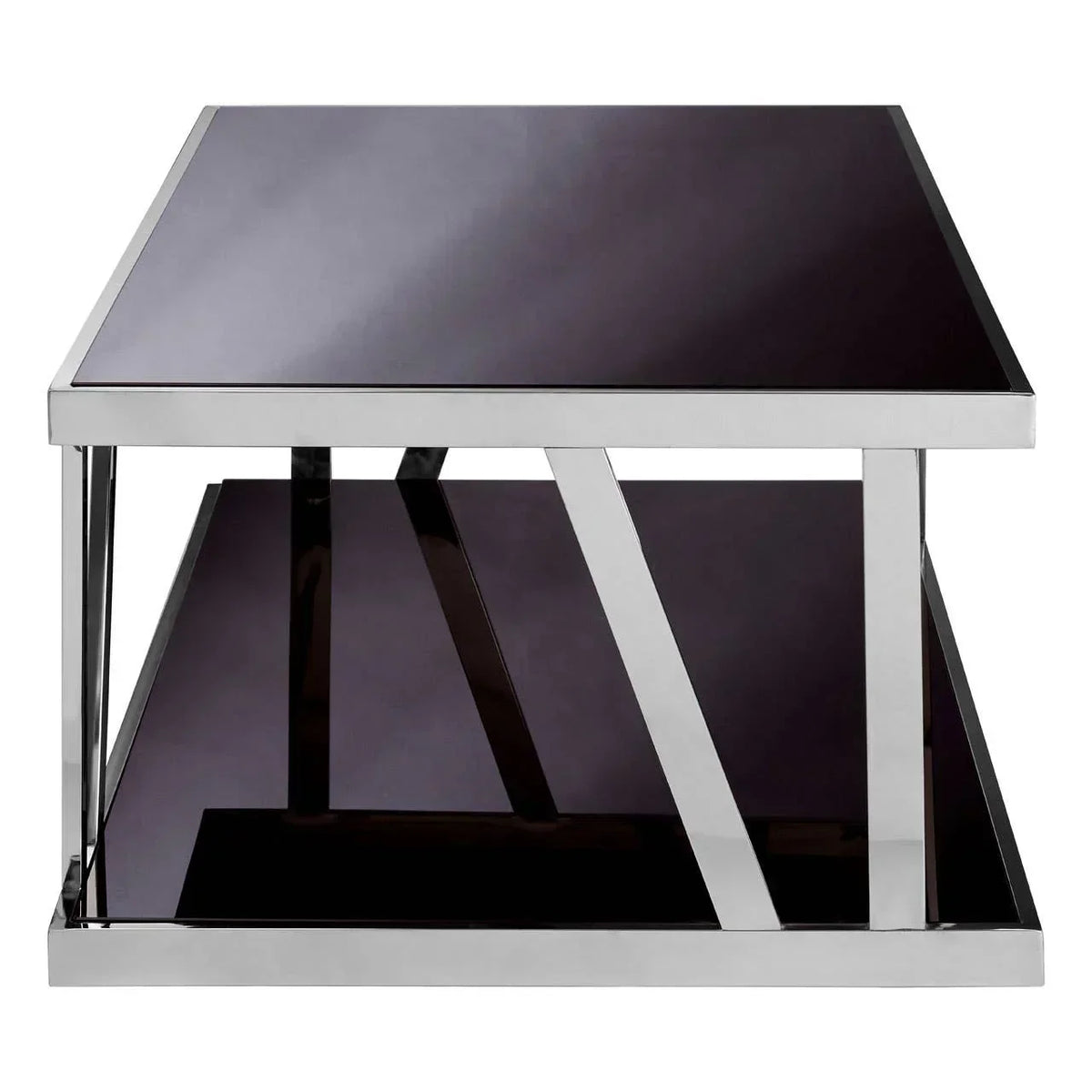 Modern glass coffee table with chrome frame and black shelf, front angle view