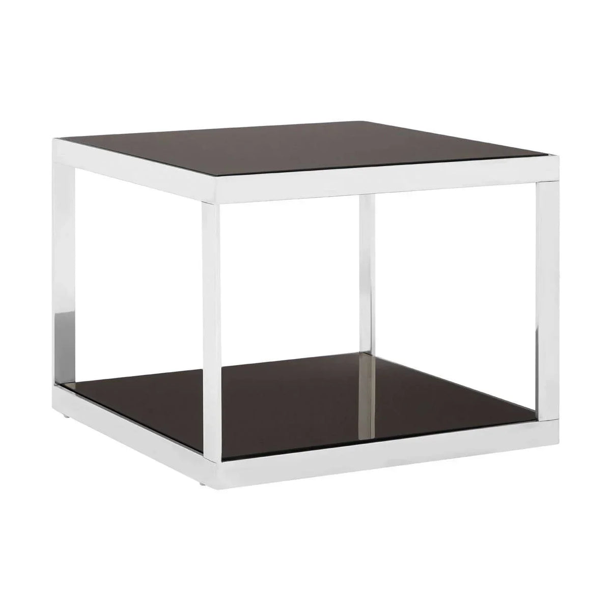 Square side table with chrome frame and black glass top and shelf