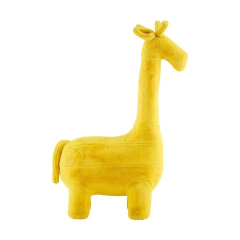 A bright yellow giraffe-shaped stool designed for kids, featuring a smooth surface and rounded edges, with a long neck and small ears, standing on four sturdy legs
