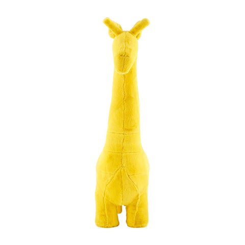 A bright yellow giraffe-shaped stool designed for kids, featuring a soft, plush exterior and a tall neck with two small ears on top. The stool has a sturdy base and is suitable for playful and imaginative decor in a child's room