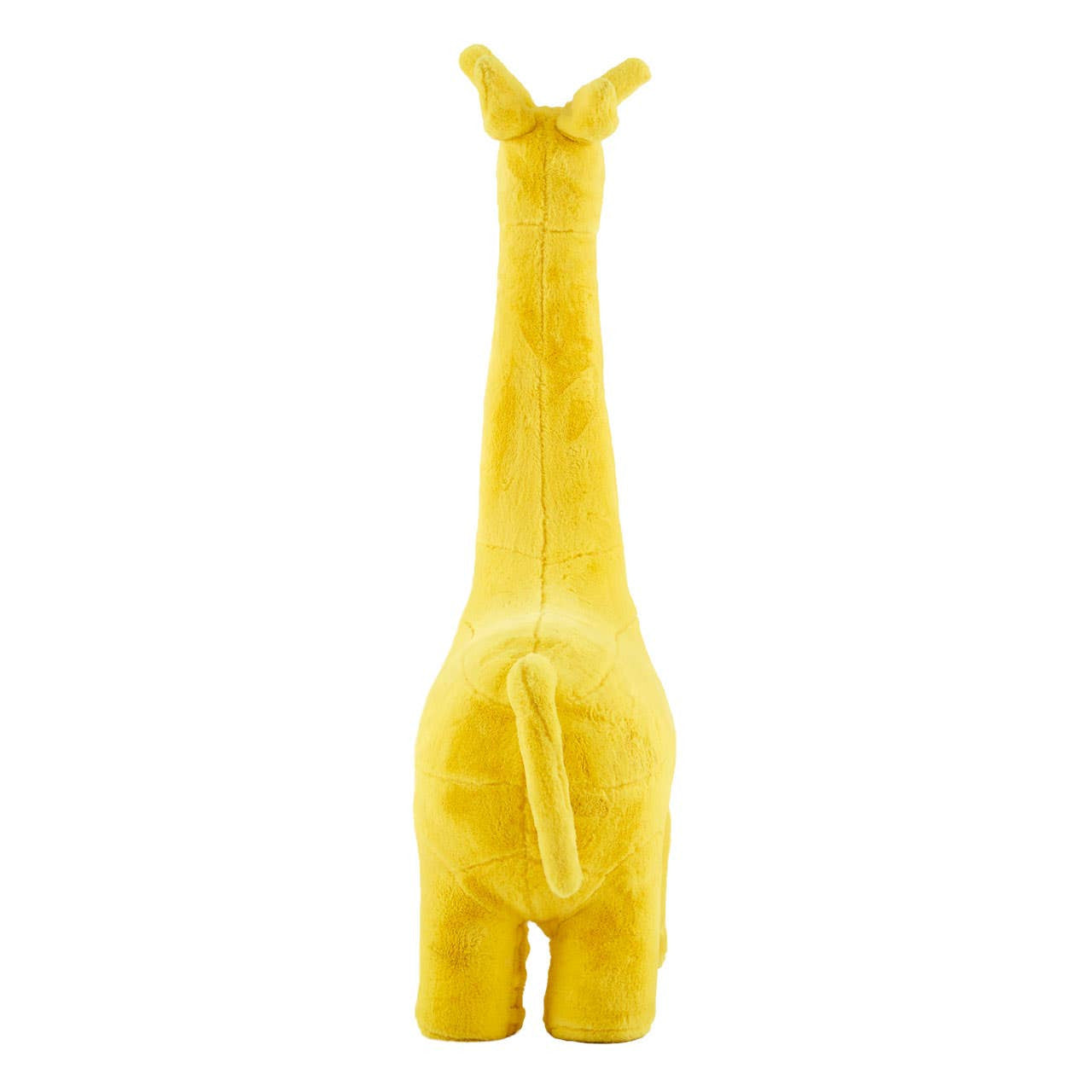 A bright yellow giraffe-shaped stool designed for kids, featuring a long neck and a playful expression, with a smooth surface and rounded edges for safety. The stool stands on four sturdy legs, resembling the body and legs of a giraffe