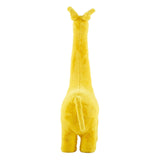 A bright yellow giraffe-shaped stool designed for kids, featuring a long neck and a playful expression, with a smooth surface and rounded edges for safety. The stool stands on four sturdy legs, resembling the body and legs of a giraffe
