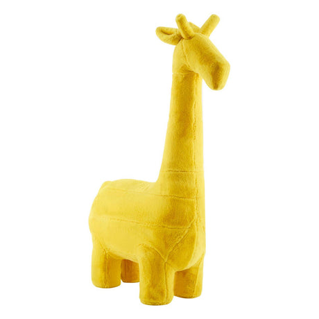 A bright yellow giraffe-shaped stool designed for kids, featuring a smooth, rounded body and a tall neck with small ears and a friendly expression. The stool has short legs and a soft, plush texture, making it a playful addition to a child's room or play area