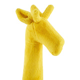 A bright yellow giraffe-shaped stool with a soft, plush texture, featuring large ears and a friendly expression, designed for children's rooms