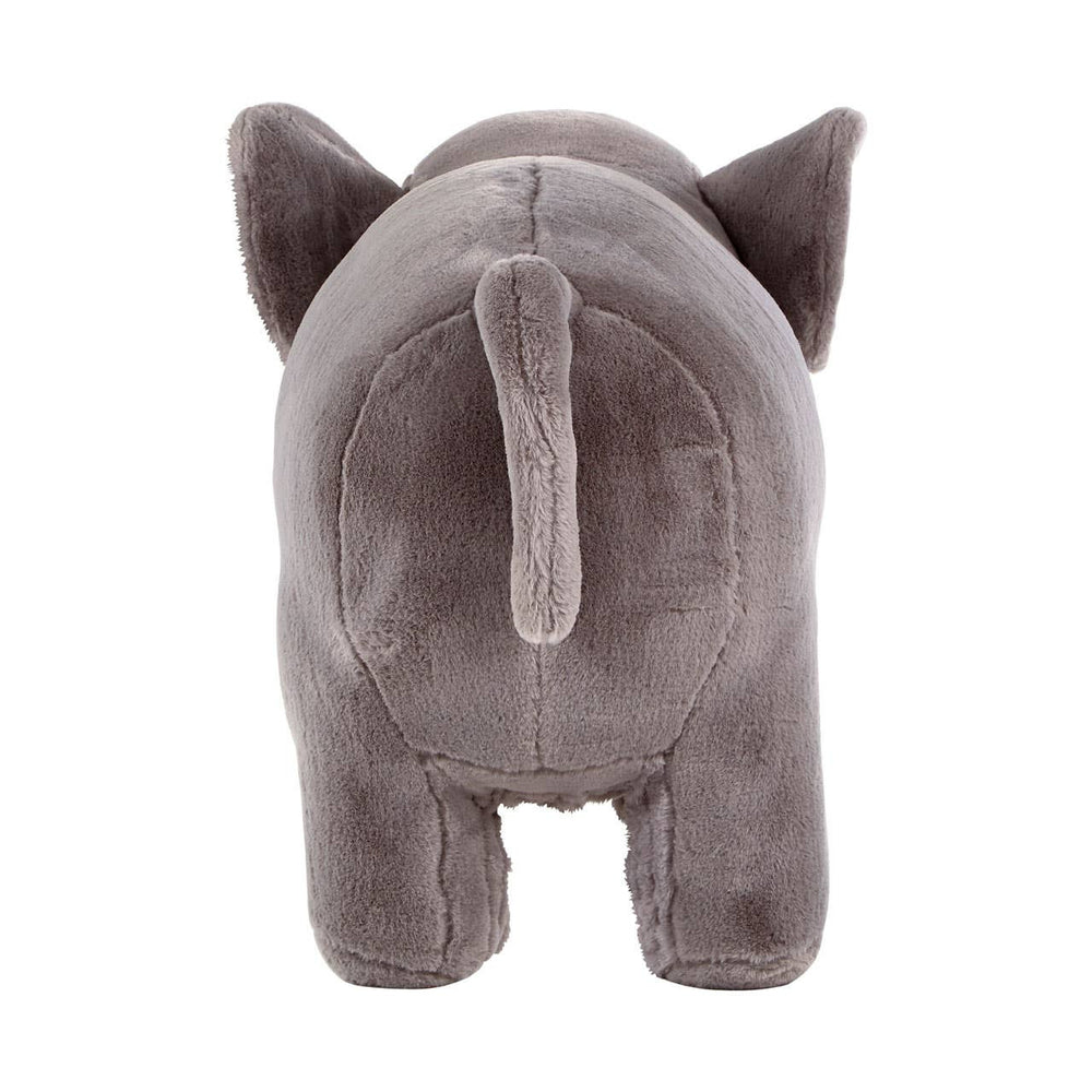 Soft grey elephant-shaped stool with rounded body, large ears, and a small tail, designed for children's rooms. The texture appears plush and inviting, suitable for seating or as a decorative piece