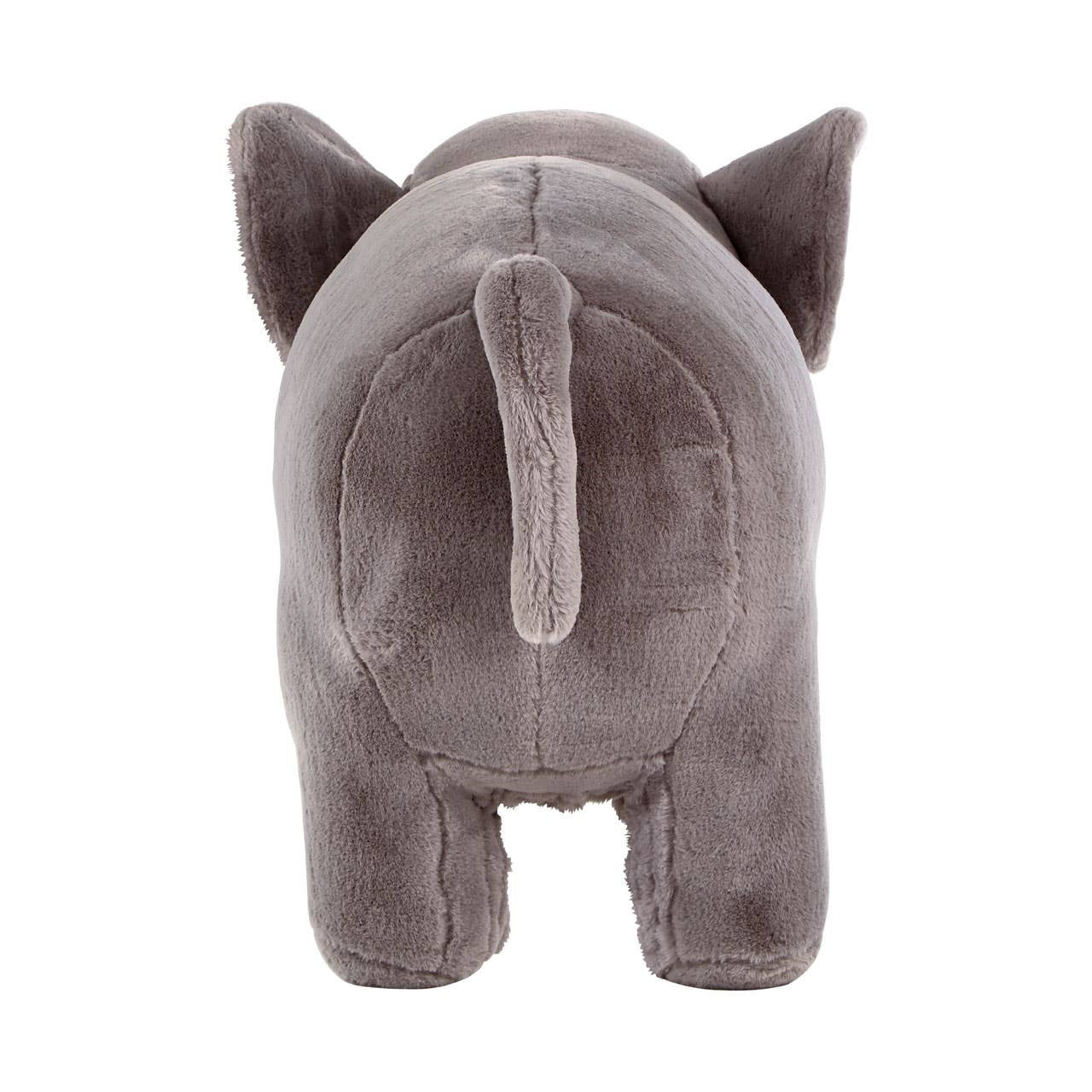 Soft grey elephant-shaped stool with rounded body, large ears, and a small tail, designed for children's rooms. The texture appears plush and inviting, suitable for seating or as a decorative piece