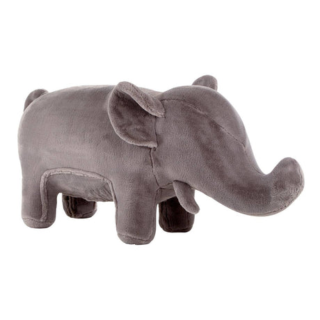 Grey elephant-shaped stool designed for kids, featuring a soft, plush texture and rounded body with small legs and large ears, ideal for playful decor in a children's room