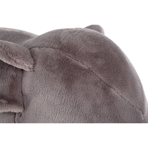 Soft grey elephant-shaped stool with a plush texture, featuring rounded ears and a curved back. The surface shows a subtle sheen, highlighting the fabric's softness