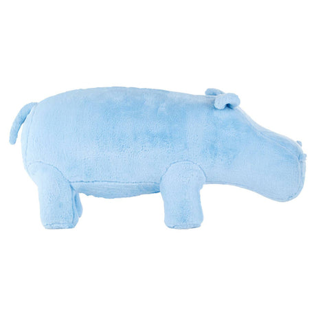 Soft blue hippo-shaped stool designed for kids, featuring rounded body, short legs, and a small tail. The surface has a plush texture, making it comfortable for sitting or as a decorative piece in a child's room