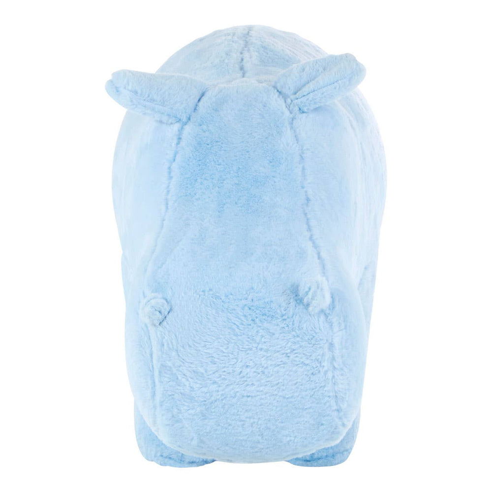 A soft, plush blue hippo stool designed for kids, featuring rounded edges and small ears, with a smooth texture and a friendly expression. The stool has a sturdy base and is suitable for use in a child's room or play area