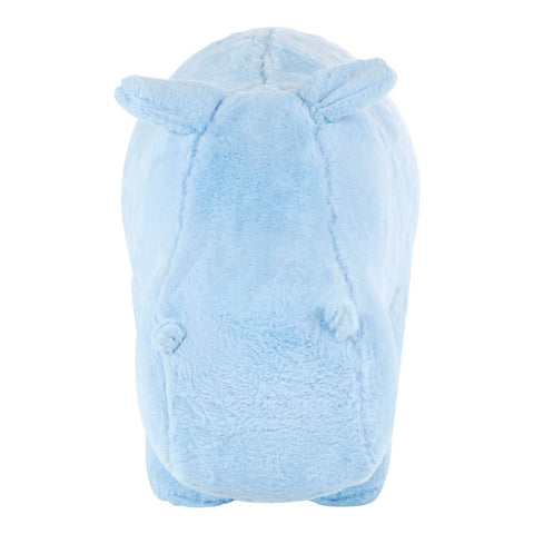 A soft, plush blue hippo stool designed for kids, featuring rounded edges and small ears, with a smooth texture and a friendly expression. The stool has a sturdy base and is suitable for use in a child's room or play area
