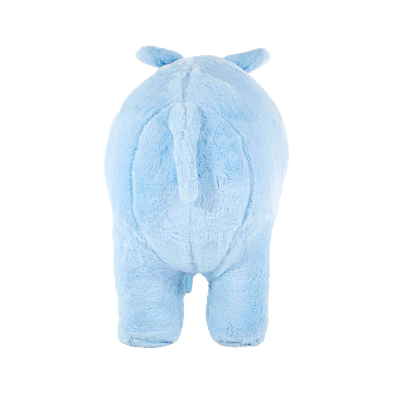Soft blue hippo-shaped stool designed for kids, featuring a plush texture and rounded body with short legs and a small tail. The back view showcases the hippo's ears and smooth contours, making it a playful addition to children's furniture