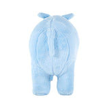 Soft blue hippo-shaped stool designed for kids, featuring a plush texture and rounded body with short legs and a small tail. The back view showcases the hippo's ears and smooth contours, making it a playful addition to children's furniture