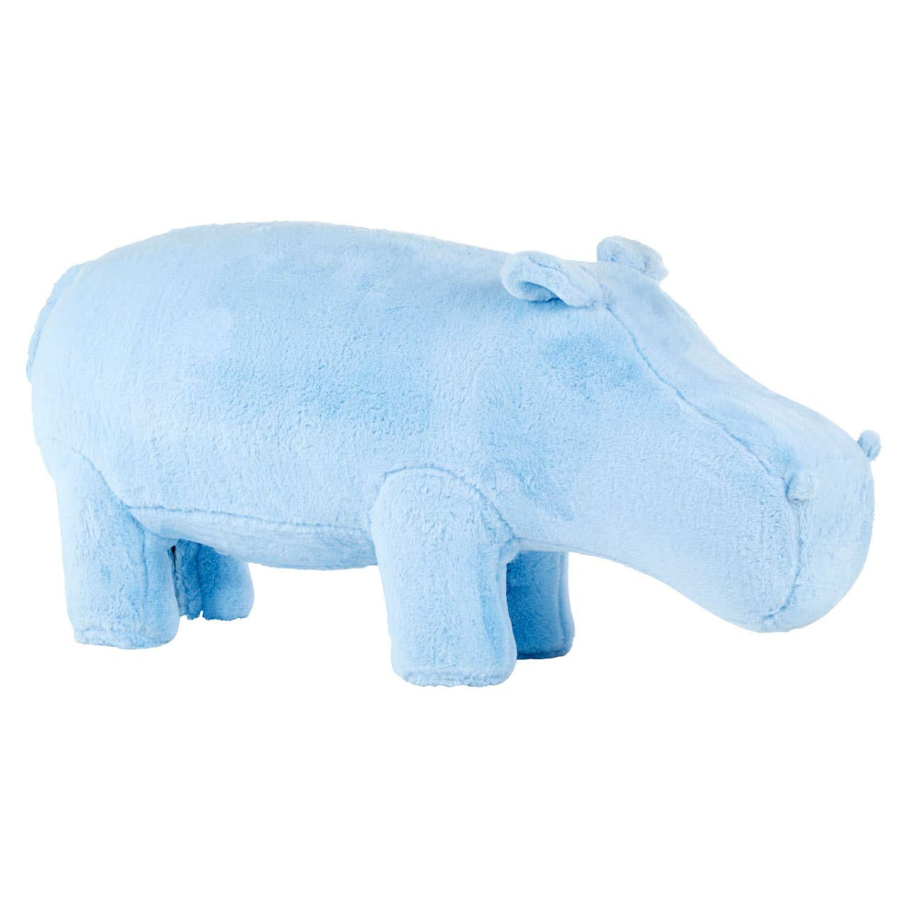 Soft blue hippo-shaped stool designed for kids, featuring rounded body and short legs, ideal for playful and imaginative decor in a child's room