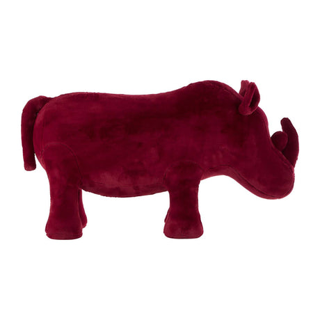A maroon rhino-shaped stool designed for kids, featuring a plush texture and rounded edges, with short legs and a prominent horn, suitable for playful and imaginative decor