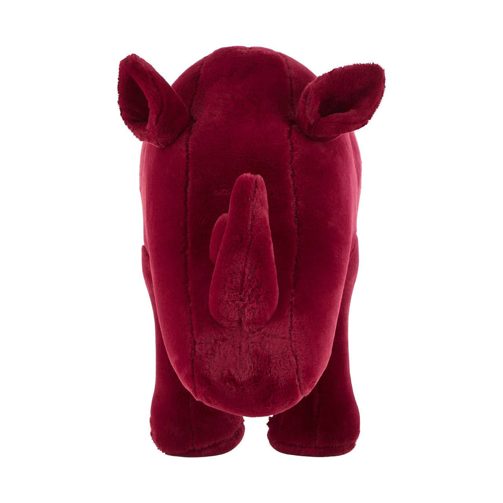 A maroon rhino-shaped stool designed for kids, featuring a plush texture and rounded ears, with a simple and friendly facial expression. The stool has a sturdy base and is suitable for use in a child's room or play area