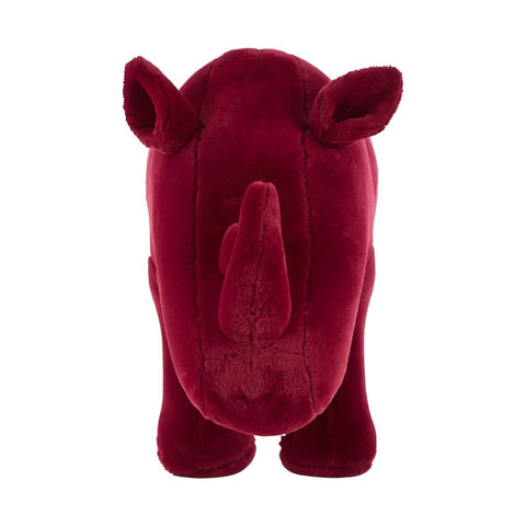 A maroon rhino-shaped stool designed for kids, featuring a plush texture and rounded ears, with a simple and friendly facial expression. The stool has a sturdy base and is suitable for use in a child's room or play area