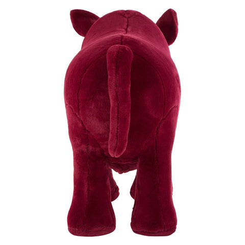 A plush maroon rhino-shaped stool designed for kids, featuring rounded ears, a short tail, and sturdy legs. The soft fabric gives it a cozy appearance, making it a playful addition to a child's room or play area