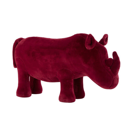 A maroon plush rhino-shaped stool designed for kids, featuring rounded edges, short legs, and a textured surface that resembles soft fabric. The stool has a playful and whimsical appearance, making it suitable for a children's room or play area