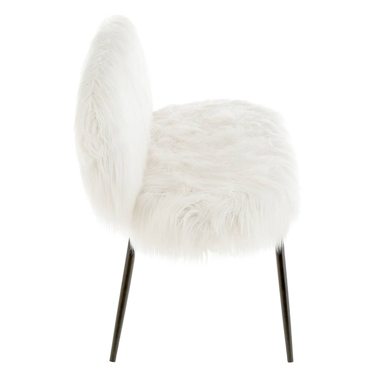Sienna faux fur two-seater sofa featuring a plush white upholstery and sleek black legs, showcasing a rounded backrest and soft, inviting seat