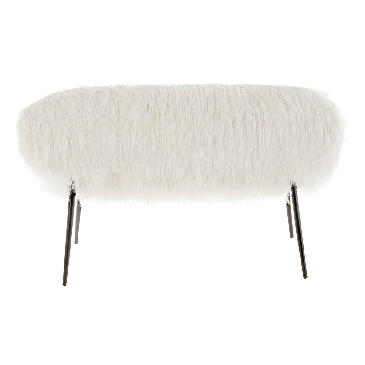 A two-seater sofa featuring a plush faux fur upholstery in a soft white color, supported by sleek black metal legs. The sofa has a rounded shape, providing a modern and cozy aesthetic suitable for various home decor styles