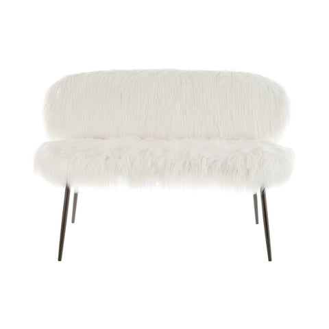 A two-seater sofa upholstered in soft faux fur, featuring a rounded backrest and plush seat cushions. The sofa is supported by sleek black legs, adding a modern touch to its cozy design. The overall color is a light cream, enhancing its inviting appearance