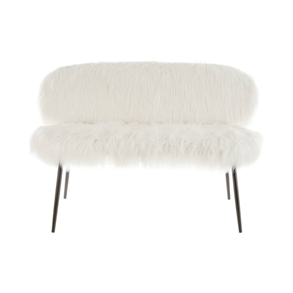 A two-seater sofa upholstered in soft faux fur, featuring a rounded backrest and plush seat cushions. The sofa is supported by sleek black legs, adding a modern touch to its cozy design. The overall color is a light cream, enhancing its inviting appearance