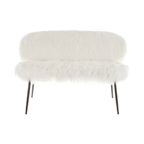 A two-seater sofa upholstered in soft faux fur, featuring a rounded backrest and plush seat cushions. The sofa is supported by sleek black legs, adding a modern touch to its cozy design. The overall color is a light cream, enhancing its inviting appearance