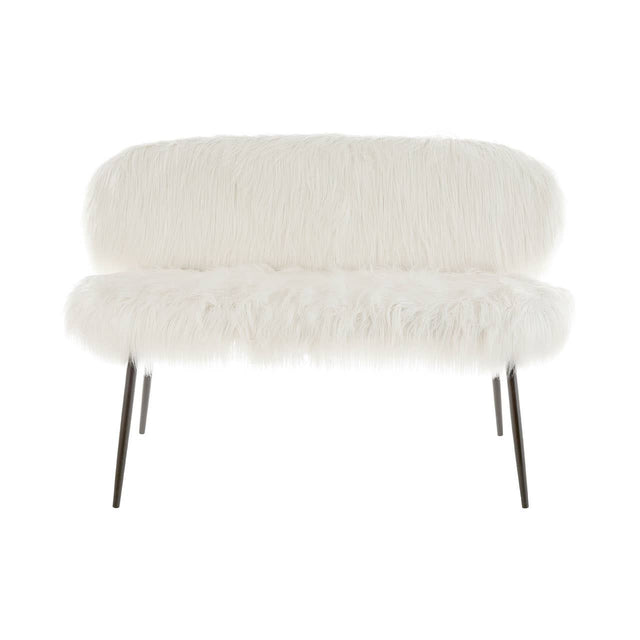 A two-seater sofa upholstered in soft faux fur, featuring a rounded backrest and plush seat cushions. The sofa is supported by sleek black legs, adding a modern touch to its cozy design. The overall color is a light cream, enhancing its inviting appearance