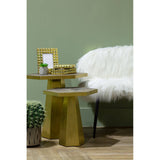 A cozy two-seater sofa covered in soft white faux fur, featuring sleek black legs. Next to the sofa, there are two modern side tables with a natural wood finish, one holding a small potted plant and a decorative item. The background is a muted green wall, creating a warm and inviting atmosphere