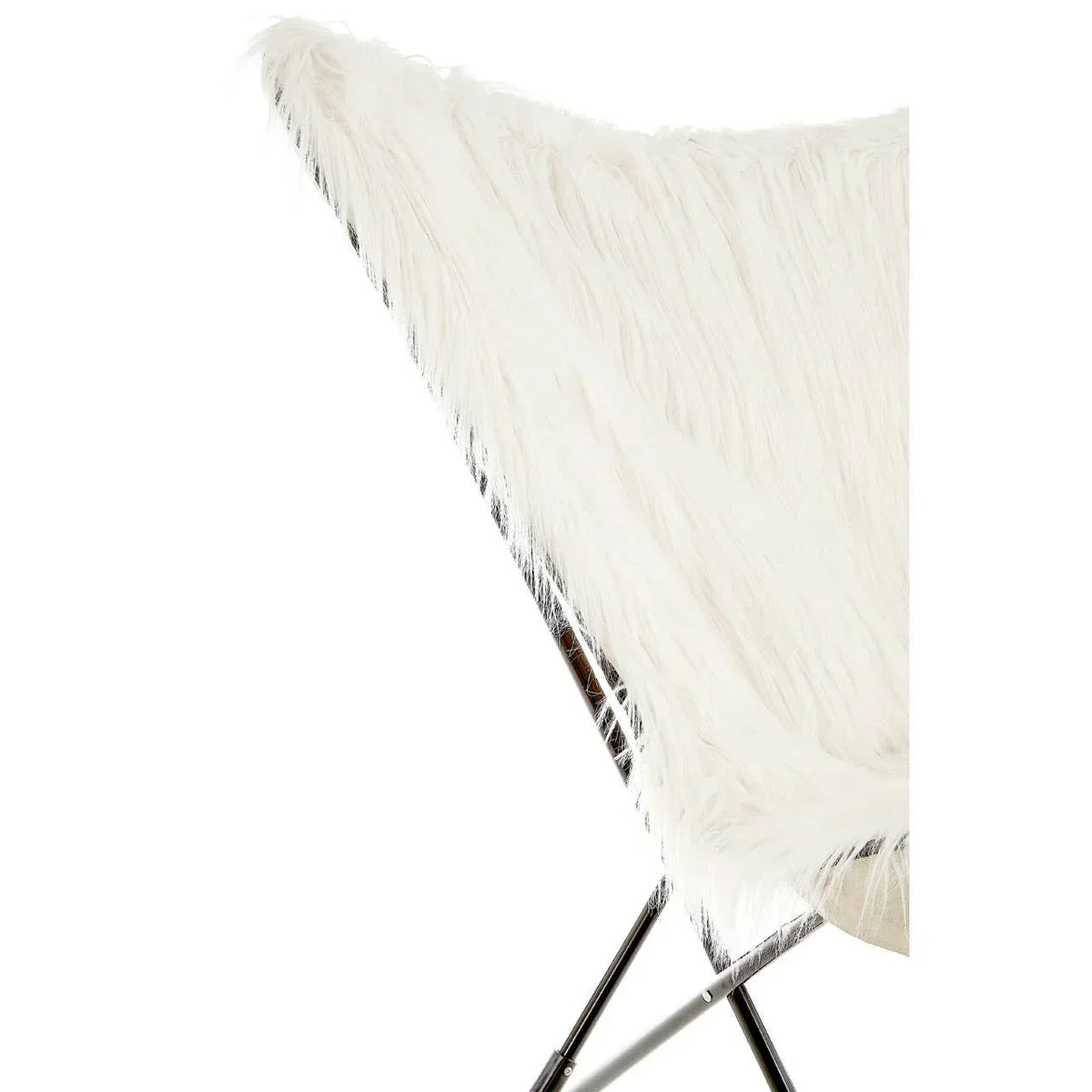 White faux fur accent chair with metal legs, close side view highlighting texture