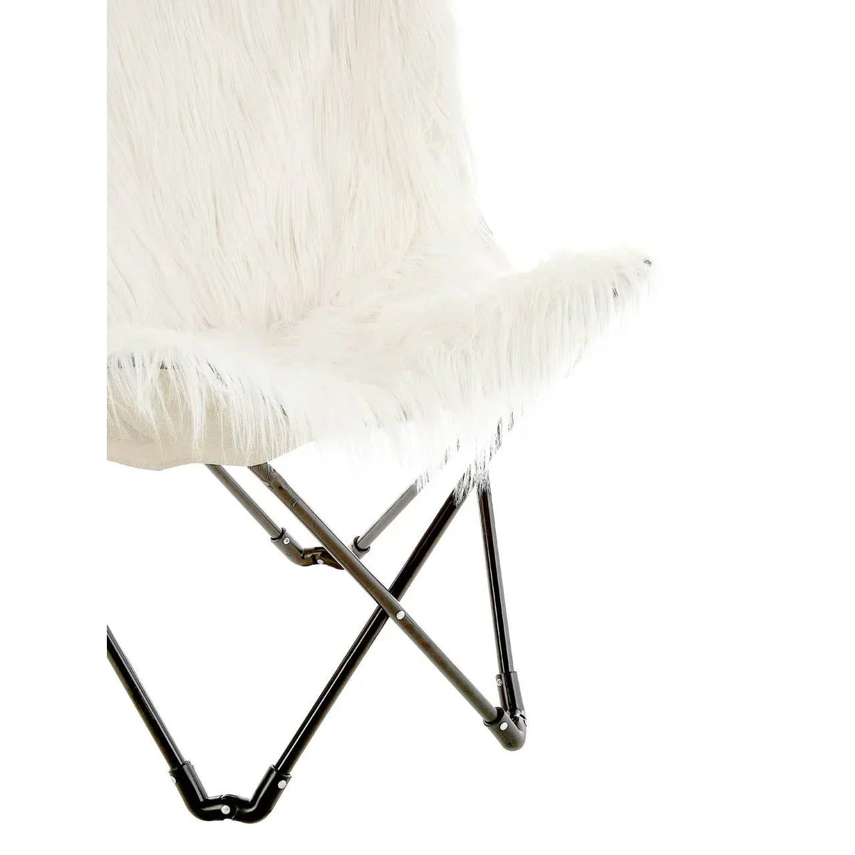 White faux fur accent chair with black metal frame, close-up on seat and legs