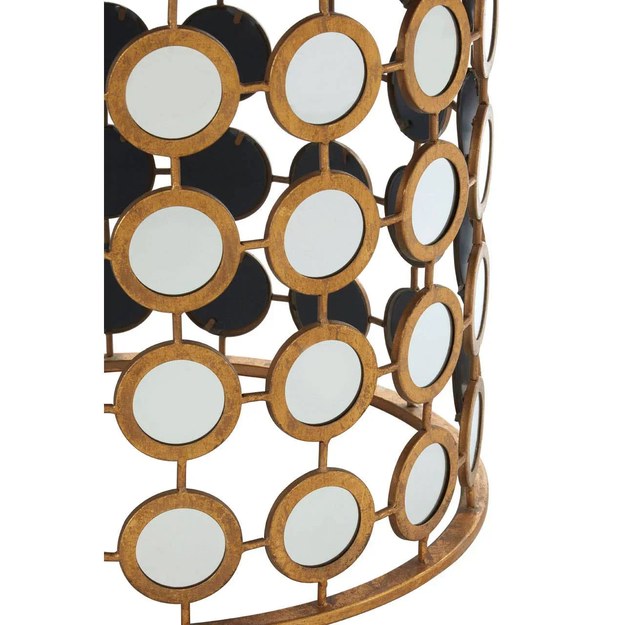 Round side table with gold metal frame and circular mirrored accents