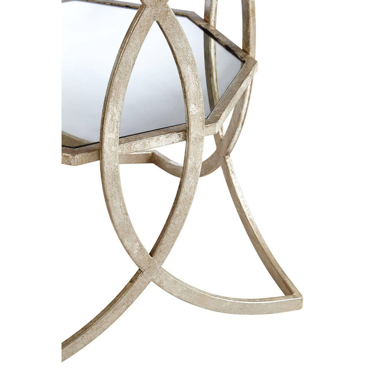 Gold metal side table with mirrored top and geometric base detail