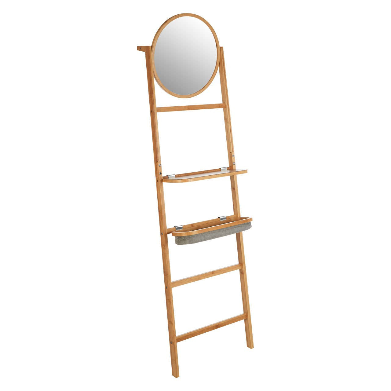 A wooden ladder-style towel rack featuring a round mirror at the top, with three horizontal shelves for storage and display. The natural wood finish adds a warm, modern touch to home decor