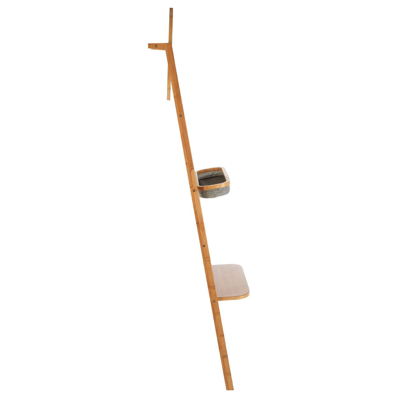 A tall, wooden ladder-style towel rack featuring two shelves and a mirror at the top. The wood has a natural finish, showcasing its grain, and the design is minimalist and modern, suitable for home decor